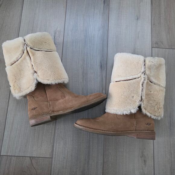 UGG Sibley Knee Tall Sheepskin Lined Suede Camel Brown Boots Women Sz 8.5 - Picture 14 of 14